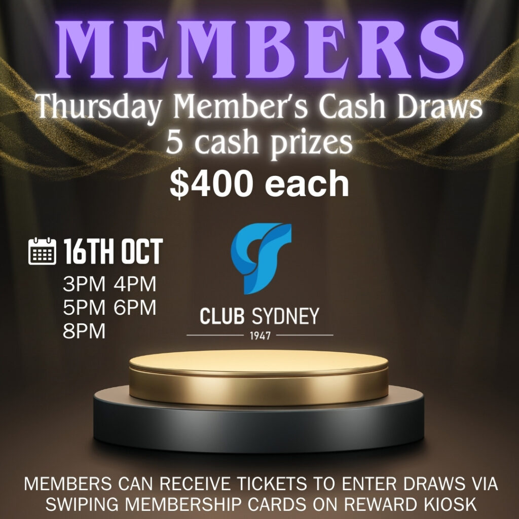 weekly members draw 16102025 Club Sydney