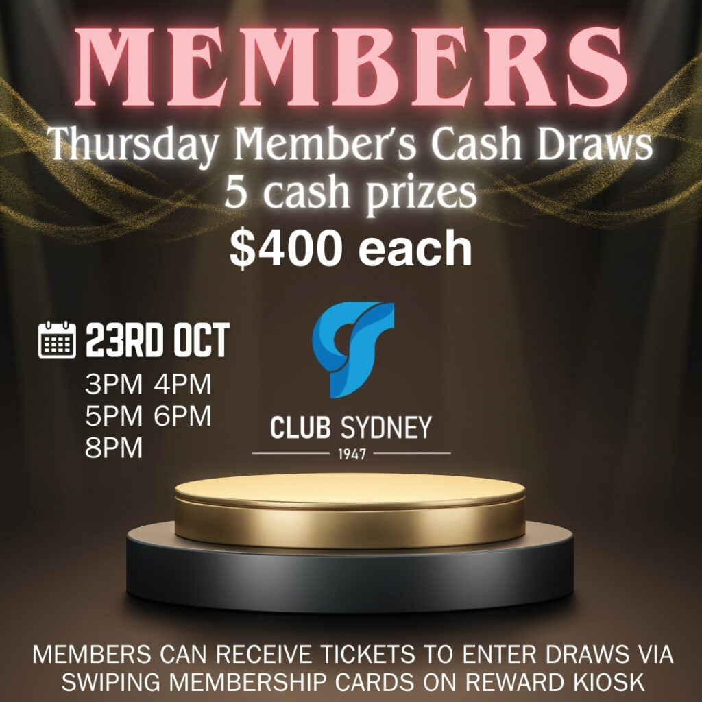 weekly members draw 23102025 Club Sydney