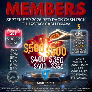 weekly members draw September 2026 Club Sydney