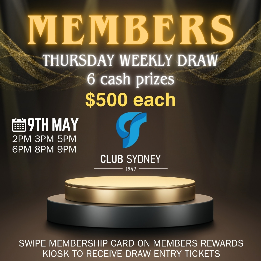 Members Badge Draw –  6 cash prizes of $500 each,